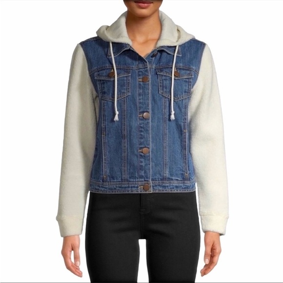 CREAM SHERPA SLEEVE HOODED BLUE DENIM JACKET NWT‎ - Picture 1 of 9